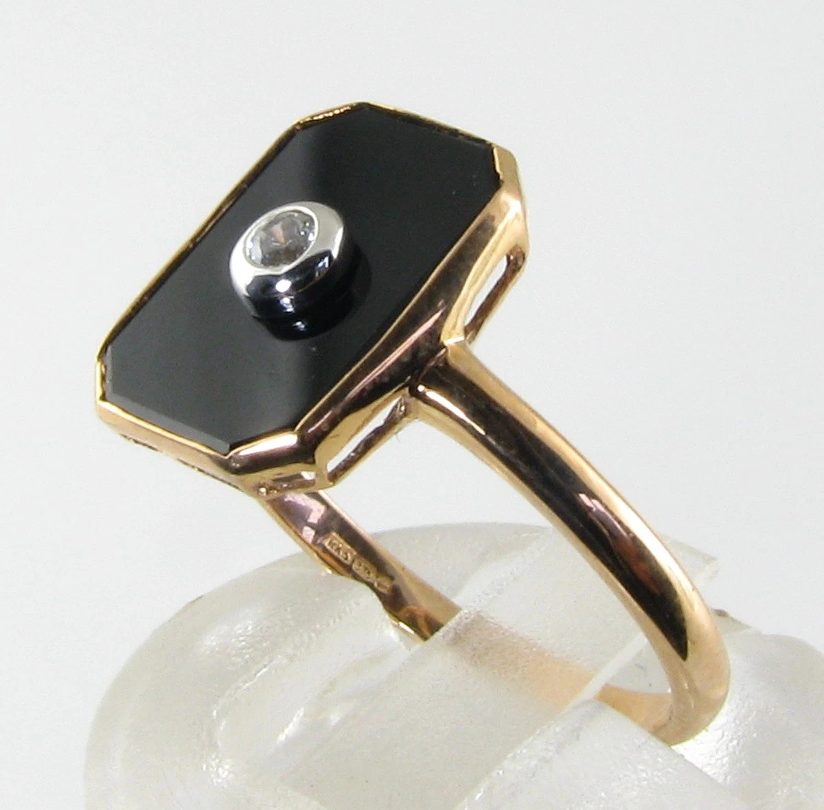Anillo Art Déco 9ct Oro Rosa Ónix y Diamante Ajustable Gratis Resizable
