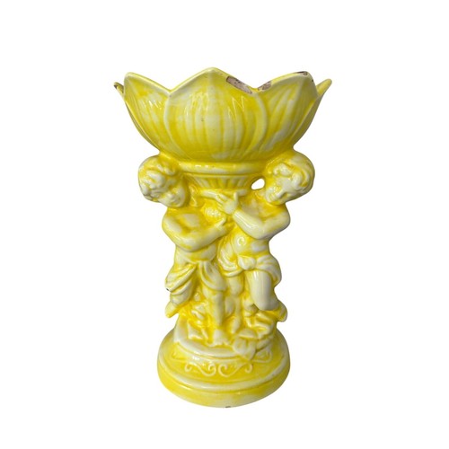 Mid Century Yellow Art Deco Planter Vase - cherubs lotus shaped top - 8.75”tall - Picture 8 of 8