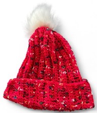 Crochet Ribbed Beanie With Faux Fur Pom Pom - Adult Size Cherry Speckle