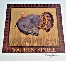 12" Vtg WARREN KIMBLE Pen Signed TURKEY Art Print American Folk Art Thanksgiving