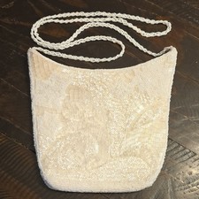 1950s Style Ivory Beaded Purse Floral Seed Bead Evening Bag