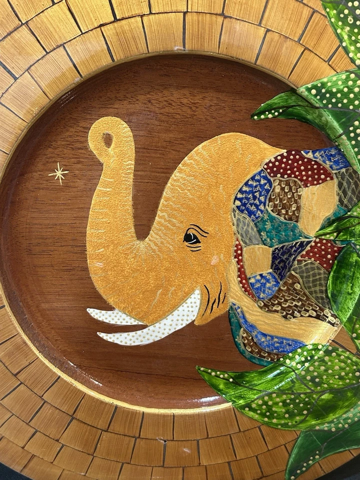 Bibi Leon grandes pratos de madeira feitos à mão decoração de parede casa arte elefantes cor mosaico - Imagem 3 de 4