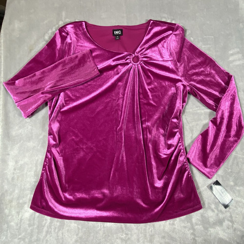 I.N.C. Top Blouse XL Women's Velvet Ruched HOT Pink Colorful Dressy Long Sleeve