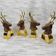 Vintage Cloisonne Style Reindeer Napkin Rings Enamel Brass Christmas Party 4