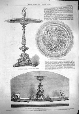 Original alter antiker Druck 1862 Silber Repousse Tisch Elkington Surtout Magenta