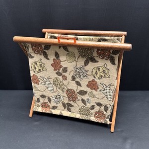 Vtg Sewing Caddy Basket Yarn Bag Tote Folding Wood Frame Brown Orange Neutral