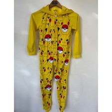 Pokemon Pikachu Hooded Fleece Union Suit One Piece Pajamas Yellow Kids Size 10