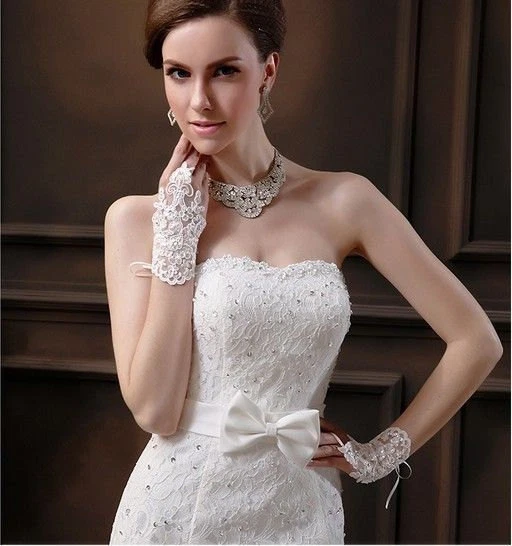 Nuevo Estilo Guantes de Novia Accesorio Cuentas Encaje Sexy Guantes Sin Dedos Foto 4 de 4