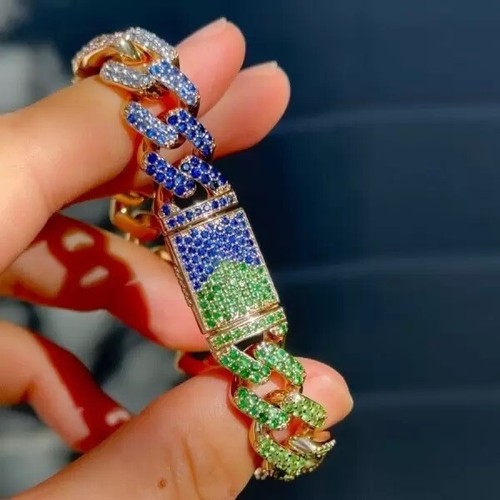 Brazalete Cubano Boda Chapado en Oro Amarillo 14K Zafiro Arco Iris Multicolor 20 quilates - Imagen 2 de 7
