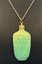 Kenneth Jay Lane Snuff Bottle Pendant Necklace Carved Faux Green Jade Asian 3"