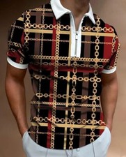 Polo T Shirts Men Zipper Collar Gold Chain Plaid Golf Sport White Trim Dress Top