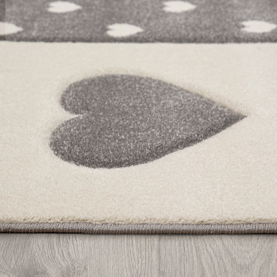 Kinderteppich Kinderzimmer Kariert Punkte Herzen Sterne In Pastell Lila Grau - Bild 2 von 4