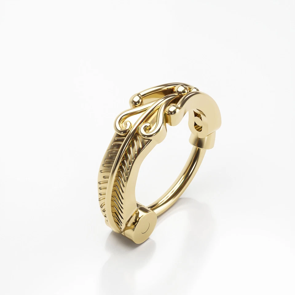 Pendiente Tragus Pluma Oro Amarillo Sólido 14K con Cierre Clicker, Joyería Corporal Foto 2 de 4