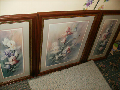 NEW IN BOX 3 PC HOMCO #8834 IRIS TRIPTYCH DESIGNER SERIES 3 PICTURES WOOD FRAME