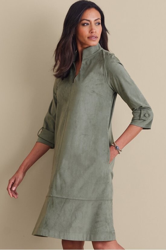 XS Soft Surroundings Rani faux suede Agava green tunic dress w/ pockets CUTE!