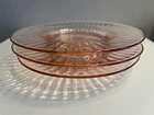3 Depression Glass Plates Pink Liberty Works Bamboo Ribbed Optic Footed 8”