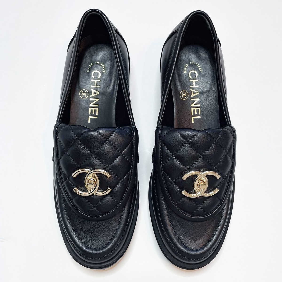 CHANEL Loafer Quilted Turn Lock 36C Black Leather Gold CC CHANEL Loafer Quilted Turn Lock 36C Black Leather Gold CC