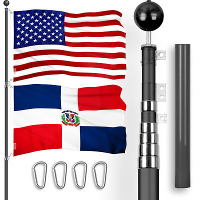 25 Ft Telescoping Flagpole BLK & USA and Dominican Republic Flags Emb 300D 3x5Ft