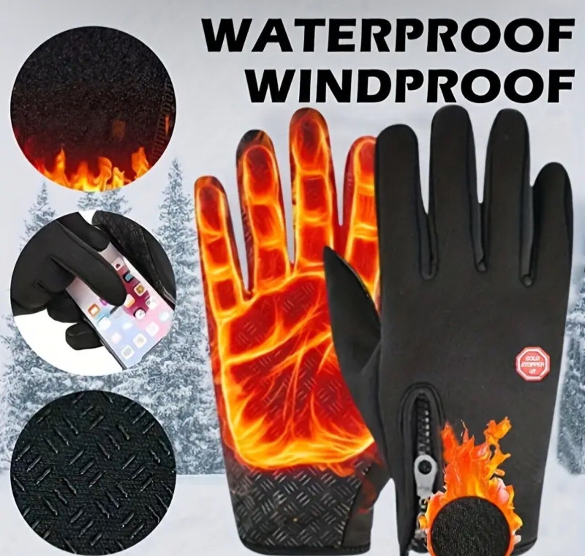 Black Unisex Wind Stopper Zip Gloves Adults Size XL Black with zip