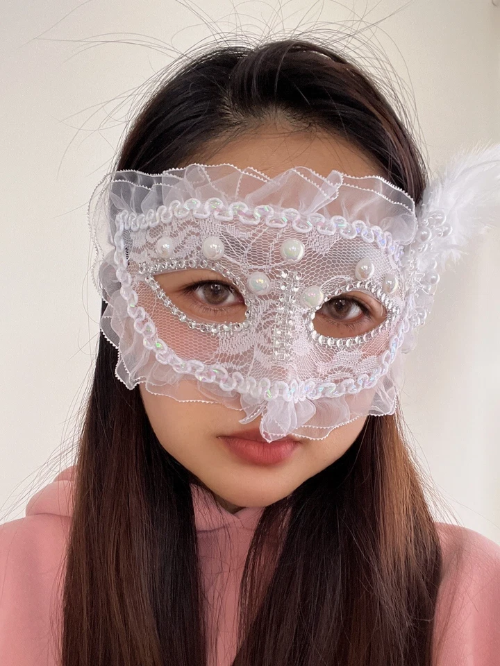Women Girls Feather Masquerade VENETIAN Ball Party Pearl White Face Eye Mask  - Image 3 of 4