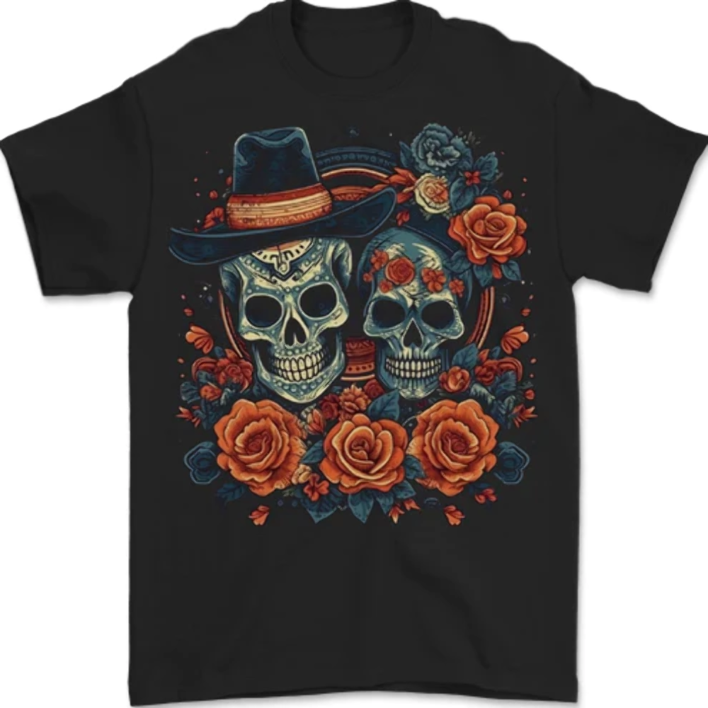 Day of the Dead Sugar Skull Love Couple Mens T-Shirt 100% Cotton