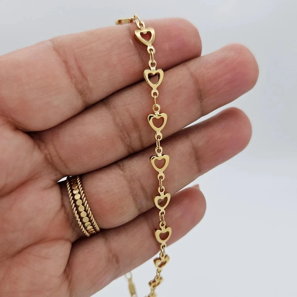 Tobillera o brazalete de corazón abierto de oro, brazalete de corazón de oro, enchapado en oro pesado de 14 k Foto 3 de 4