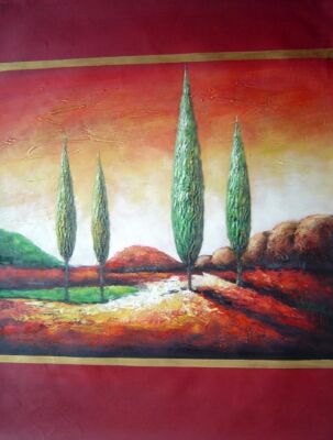 40x30 Modern Green Cypress Trees in Red Landscape Oil Painting