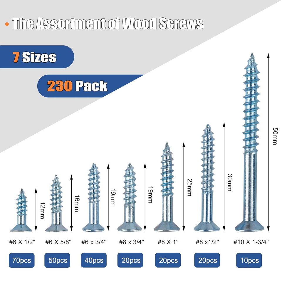 230pcs Wood Screws Assortment Kit, Flat Head Wood Screws Set, Zinc