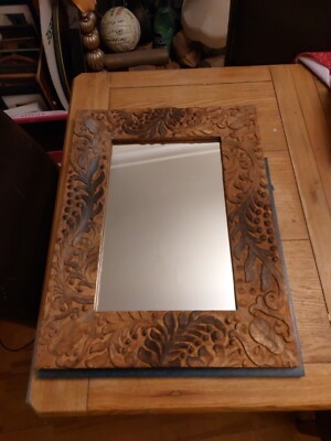 Vintage 1990er Holz Indianer Ponderosa geschnitzter Blatt Spiegel 64x48,5cm The Pier *