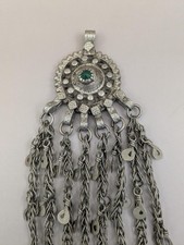 Vintage Afghan Kuchi Tribal Pendant Green Center 9" Long 20634 