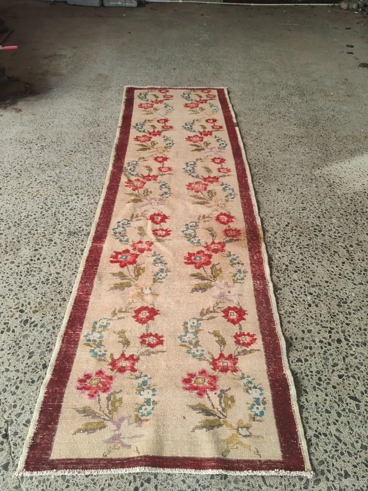 3.2x10.8 ft Vintage Turkish Runner Rug Wool Anatolian Handmade Hallway Oushak - Image 2 of 4