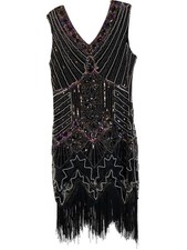 Black Beaded Fringe Flapper Dress Size 8-10 Sheer Mesh Overlay Double V-Neck