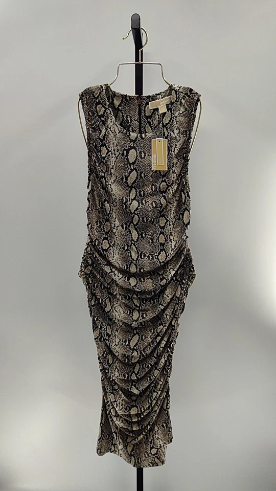 Michael Kors Printed Long Sleeve Ruched Midi Sheath Dress L