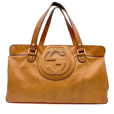 Gucci Interlocking G Blondie Studs Leather Hand Bag Beige Brown 121551 Authentic