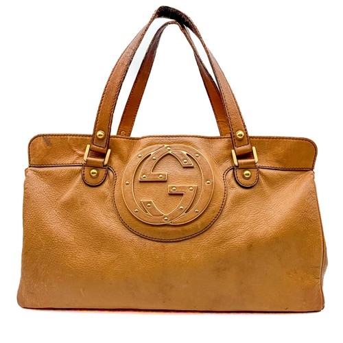 Gucci Interlocking G Blondie Studs Leather Hand Bag Beige Brown 121551 Authentic
