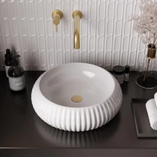 15.7" White Round Ceramic Vessel Sink - Modern Counter Top Porcelain Bathroom