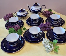 NEW Beautiful Lomonosov LFZ Imperial Porcelain Tea Set Spring Cocoon Blue Gold 