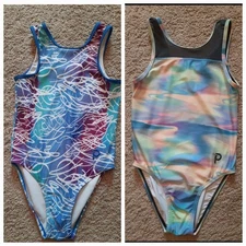 Lot Set of 2 Plum Leotards, Gymnastics CL Child Large with Scrunchie