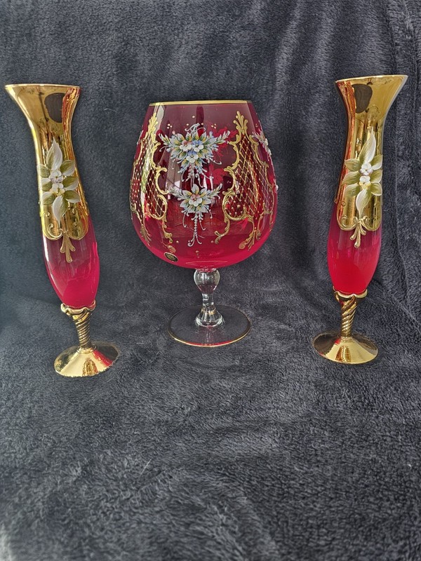 Vintage Murano Art Glass Ruby Red 24KT Gold Goblet & Pair of Bud Vases