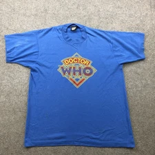 Vintage Doctor Who Shirt Mens XL Blue Screen Stars Best 80s TV Sci-Fi Tee Fandom