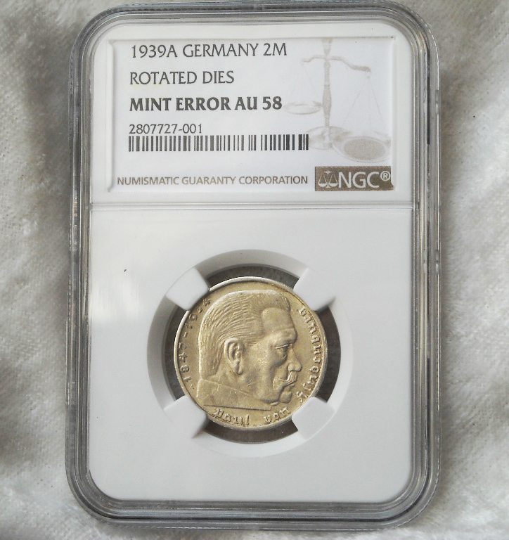 NGC NAZI SWASTIKA ERROR COIN AU-58 1939-A 2 ReichsMark SILVER