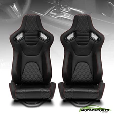 2X Black PVC+Red Stitching & Bottom Carbon Fiber Leather Reclinable Racing Seats