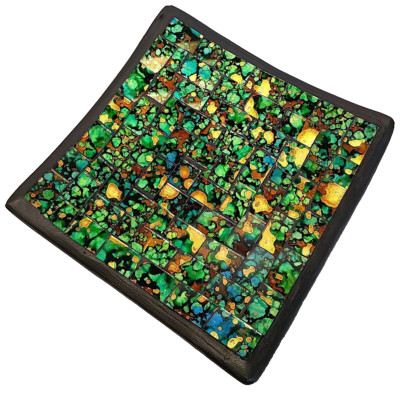 Ceramic and Mosaic Art Glass Tray, Hand Made, Deep Forest Theme, Small 5'' by 5''