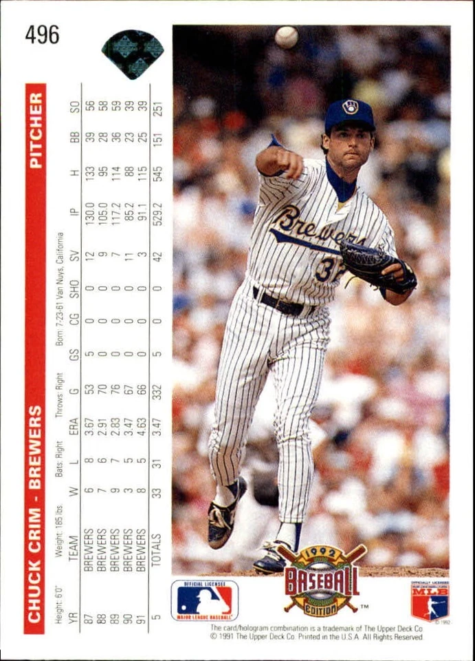 Chuck Crim 1992 Upper Deck MLB #496 Baseball Card Milwaukee Brewers - Image 2 of 2