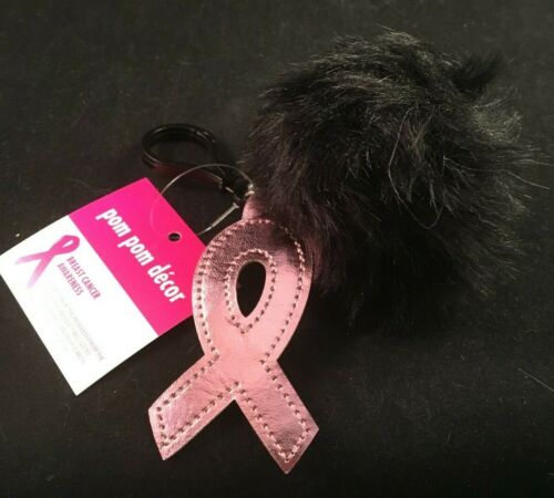 Black Fuzzy Plush Pom Pom Keychain - Black Hook - Breast Cancer Awareness - Imagen 1 de 3
