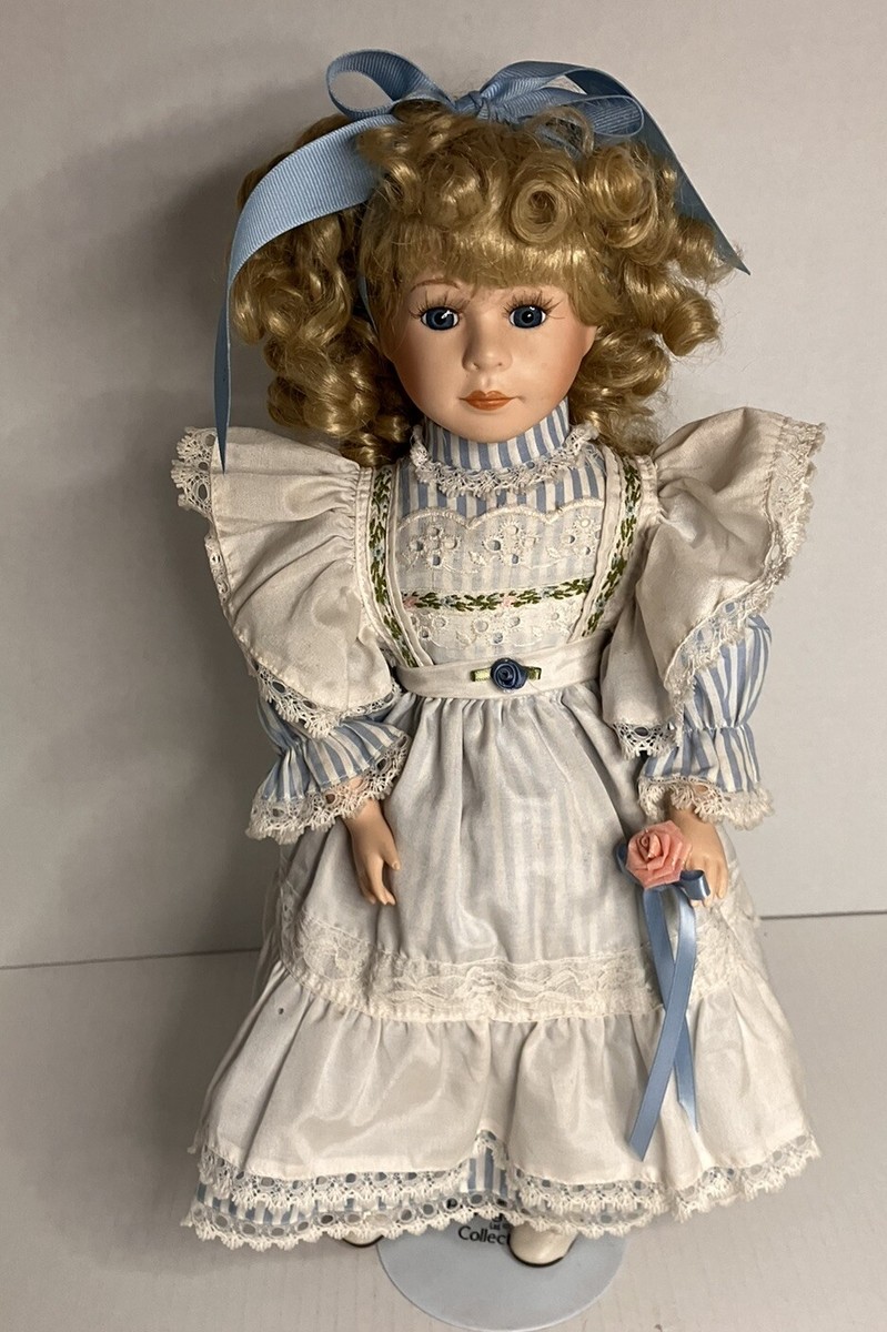Heritage Mint Collection Doll w/Stand Blonde Blue Hair Ribbon Blue & White  Dress | eBay