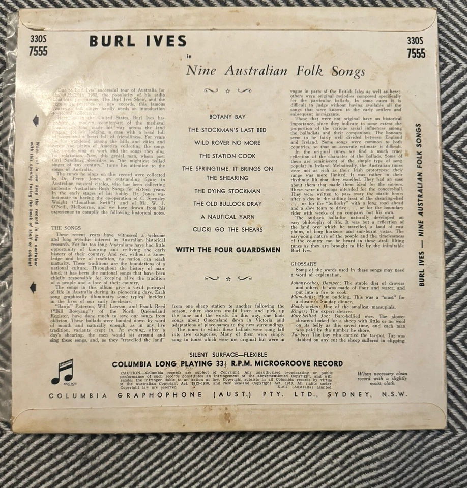 BURL IVES - '9 Australian Folk Songs' 10" Vinyl LP Record AUST PRESSING COLUMBIA - Image 2 of 2