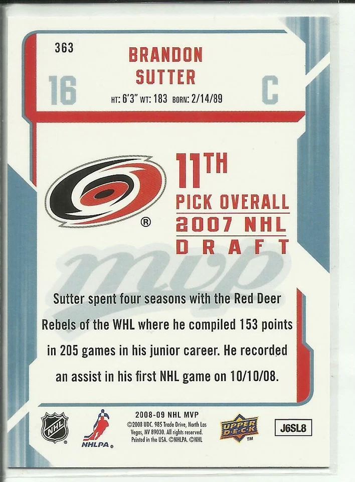 2008-09 Upper Deck MVP Rookie #363 Brandon Sutter Carolina Hurricanes - Image 2 of 2