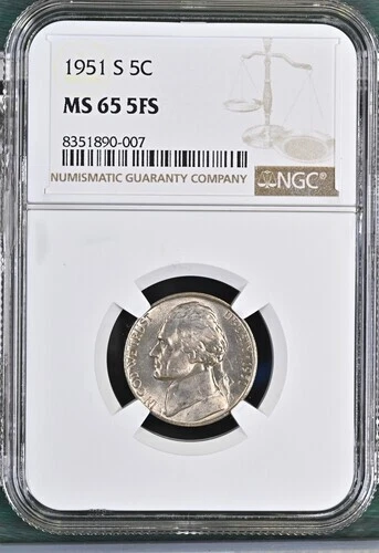1951-S Jefferson nickel graded by NGC MS65 5FS