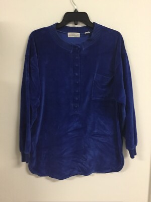 Lord Taylor Velvet Sweater Blue M Round Neck Buttons Long